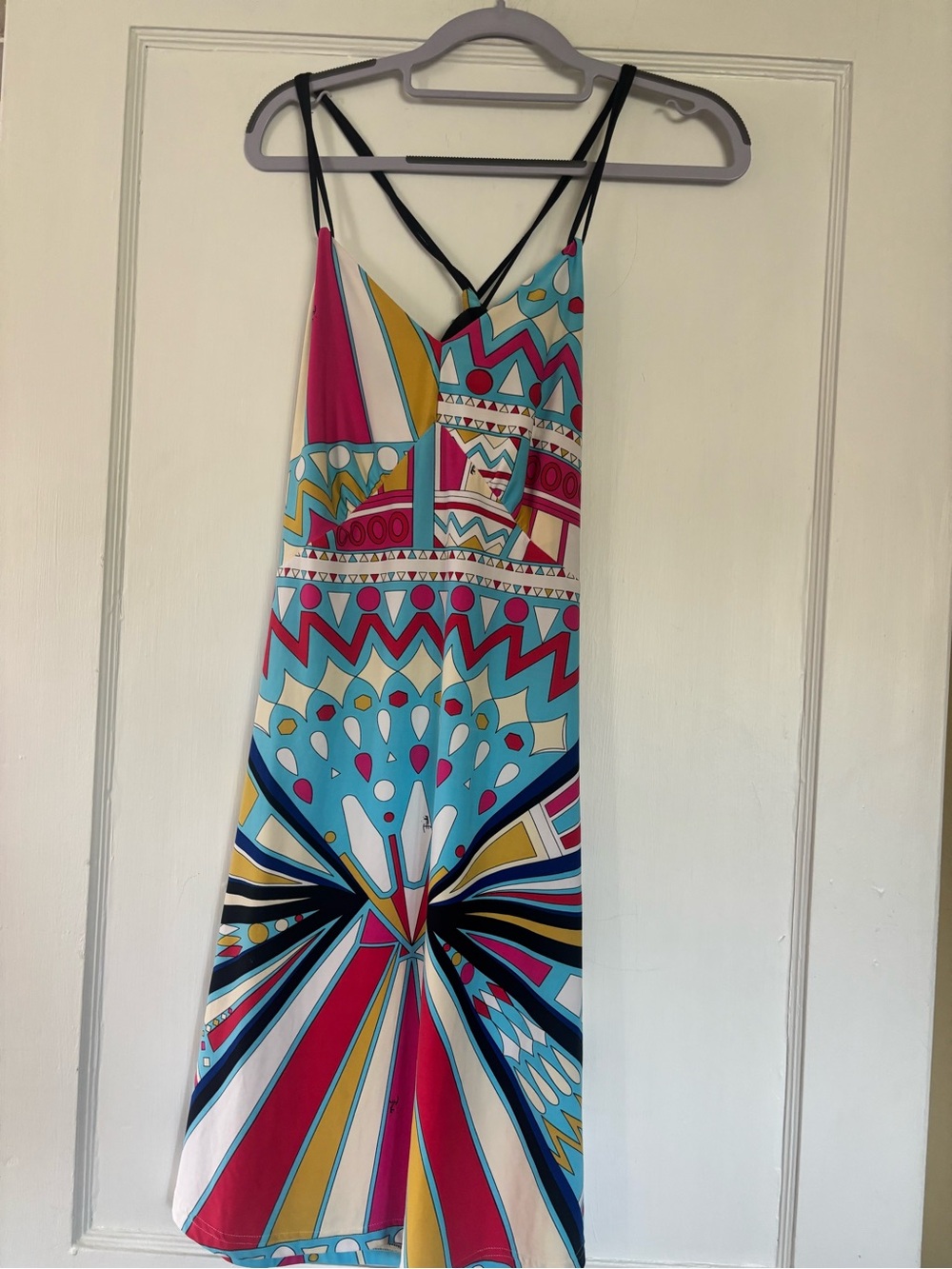 Geometric Print Midi Slip Dress with Thin Straps - Pink & Turquoise - Picture 1 of 3